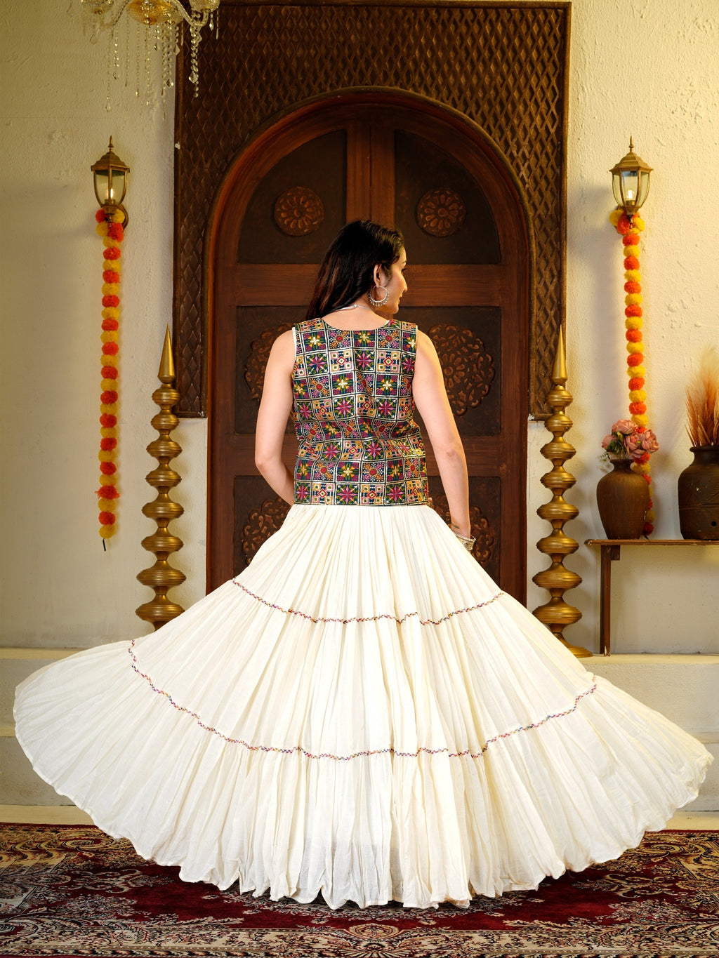 Amodini Cotton Fancy Lace Work Lehenga Set with Mirror Work Choli & Embroidered Shrug