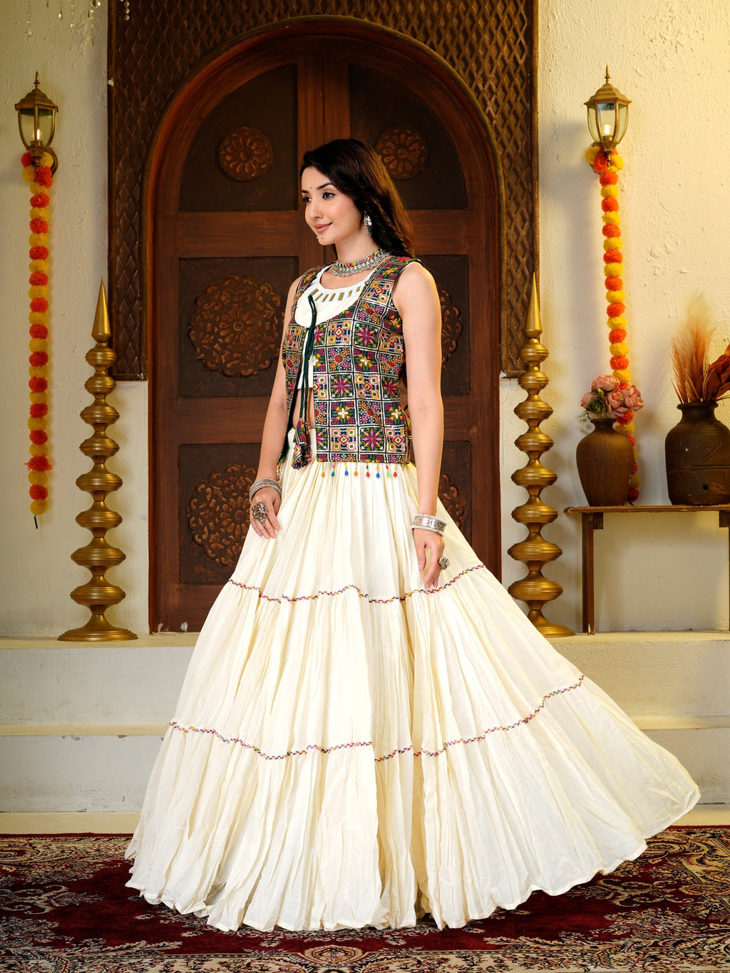 Amodini Cotton Fancy Lace Work Lehenga Set with Mirror Work Choli & Embroidered Shrug