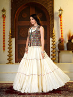 Amodini Cotton Fancy Lace Work Lehenga Set with Mirror Work Choli & Embroidered Shrug