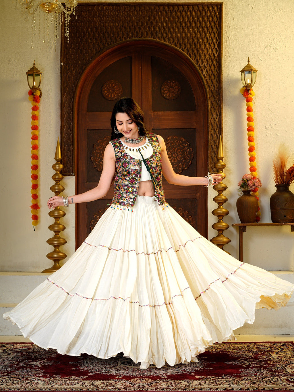 Amodini Cotton Fancy Lace Work Lehenga Set with Mirror Work Choli & Embroidered Shrug