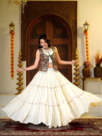 Amodini Cotton Fancy Lace Work Lehenga Set with Mirror Work Choli & Embroidered Shrug