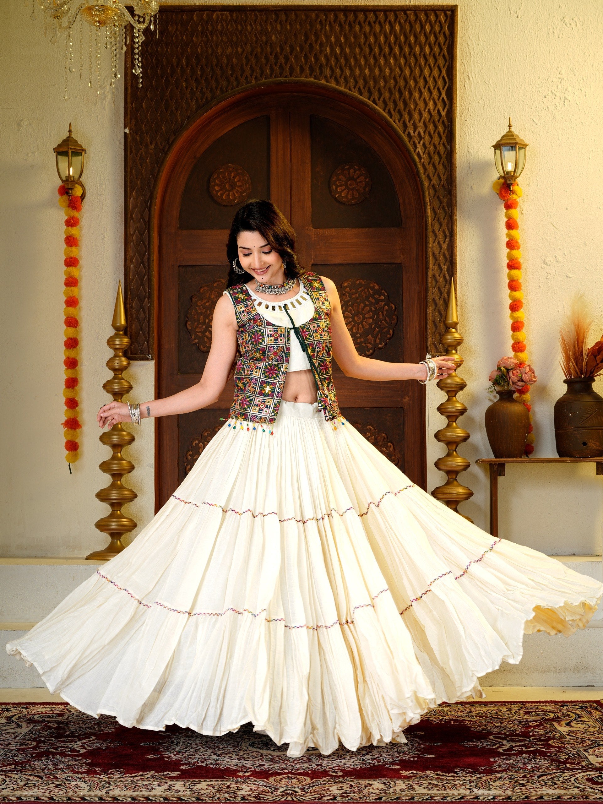 Amodini Cotton Fancy Lace Work Lehenga Set with Mirror Work Choli & Embroidered Shrug