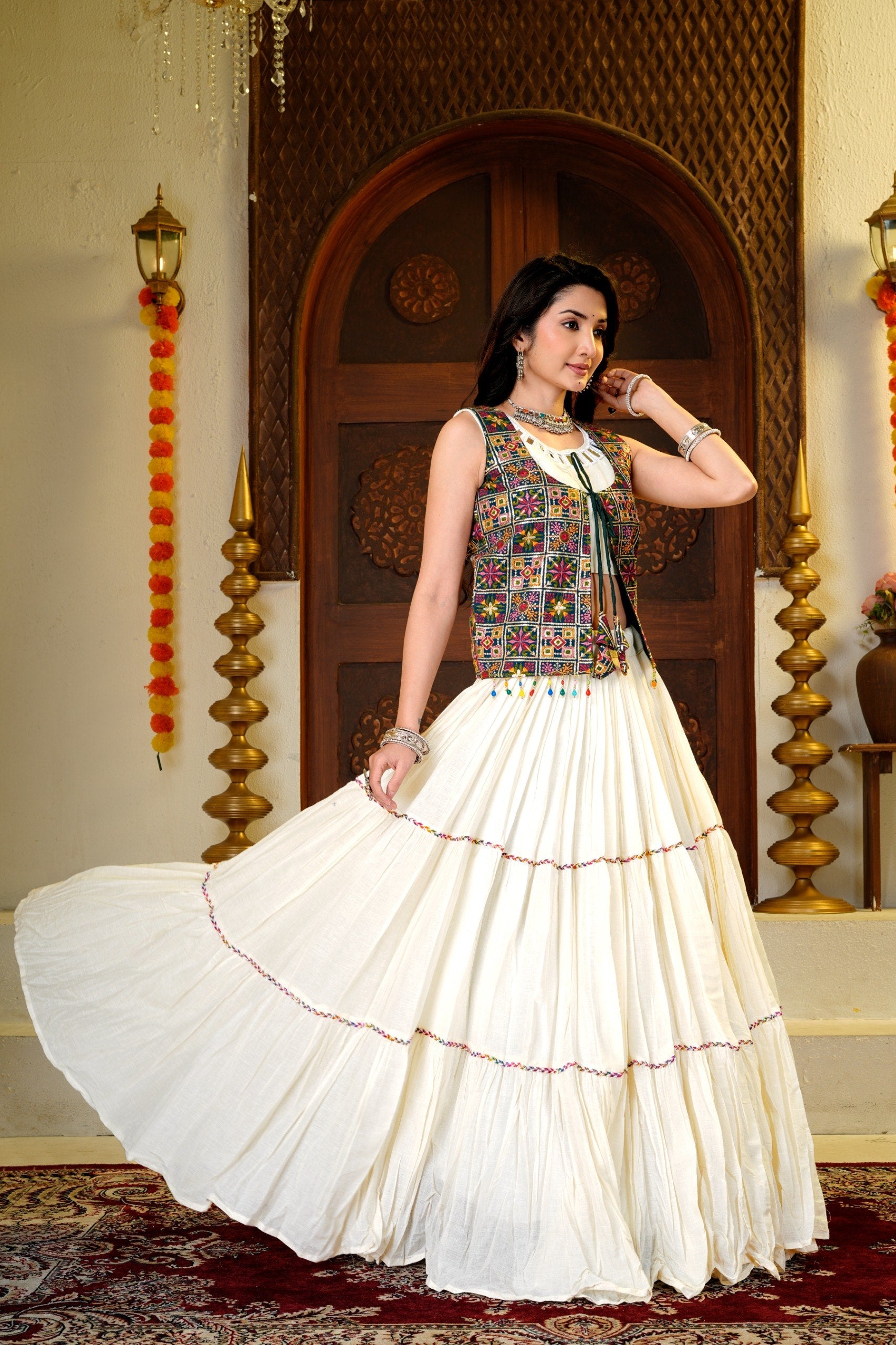 Amodini Cotton Fancy Lace Work Lehenga Set with Mirror Work Choli & Embroidered Shrug