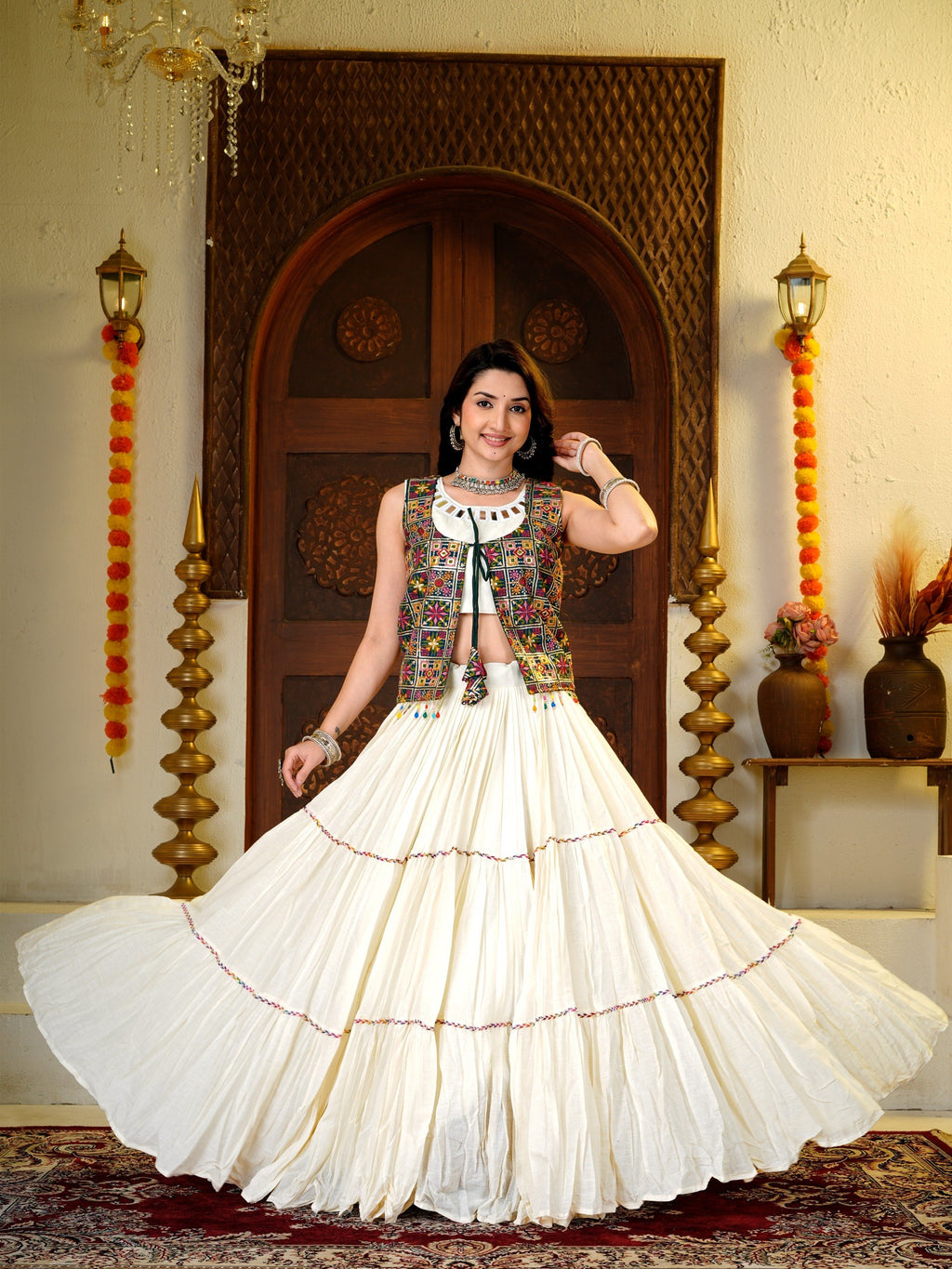 Amodini Cotton Fancy Lace Work Lehenga Set with Mirror Work Choli & Embroidered Shrug