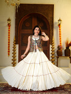 Amodini Cotton Fancy Lace Work Lehenga Set with Mirror Work Choli & Embroidered Shrug
