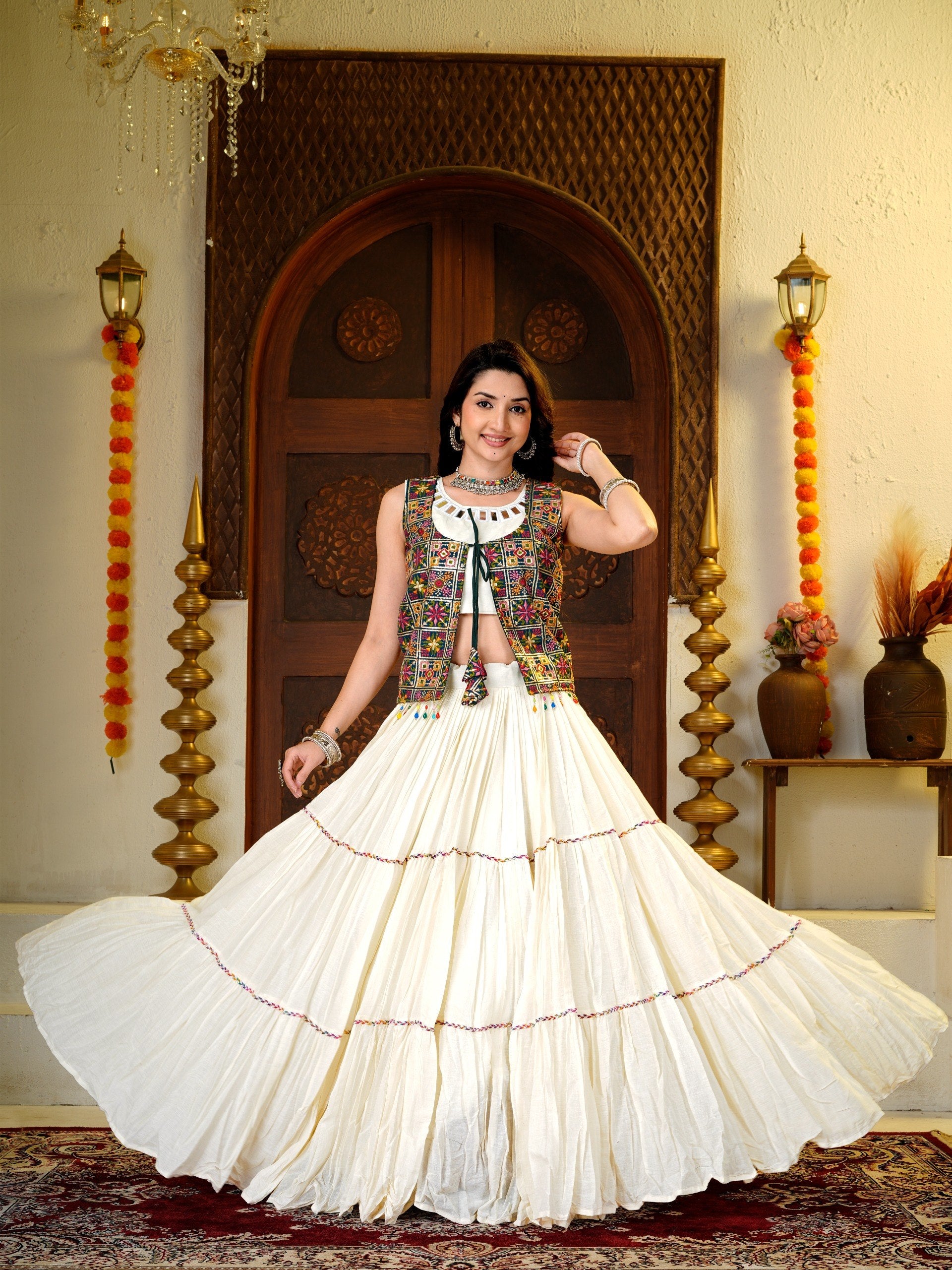Amodini Cotton Fancy Lace Work Lehenga Set with Mirror Work Choli & Embroidered Shrug