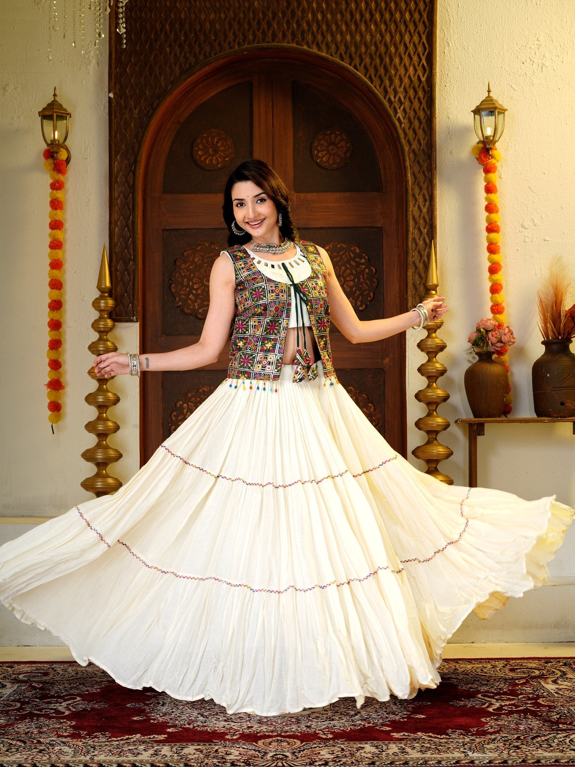 Amodini Cotton Fancy Lace Work Lehenga Set with Mirror Work Choli & Embroidered Shrug