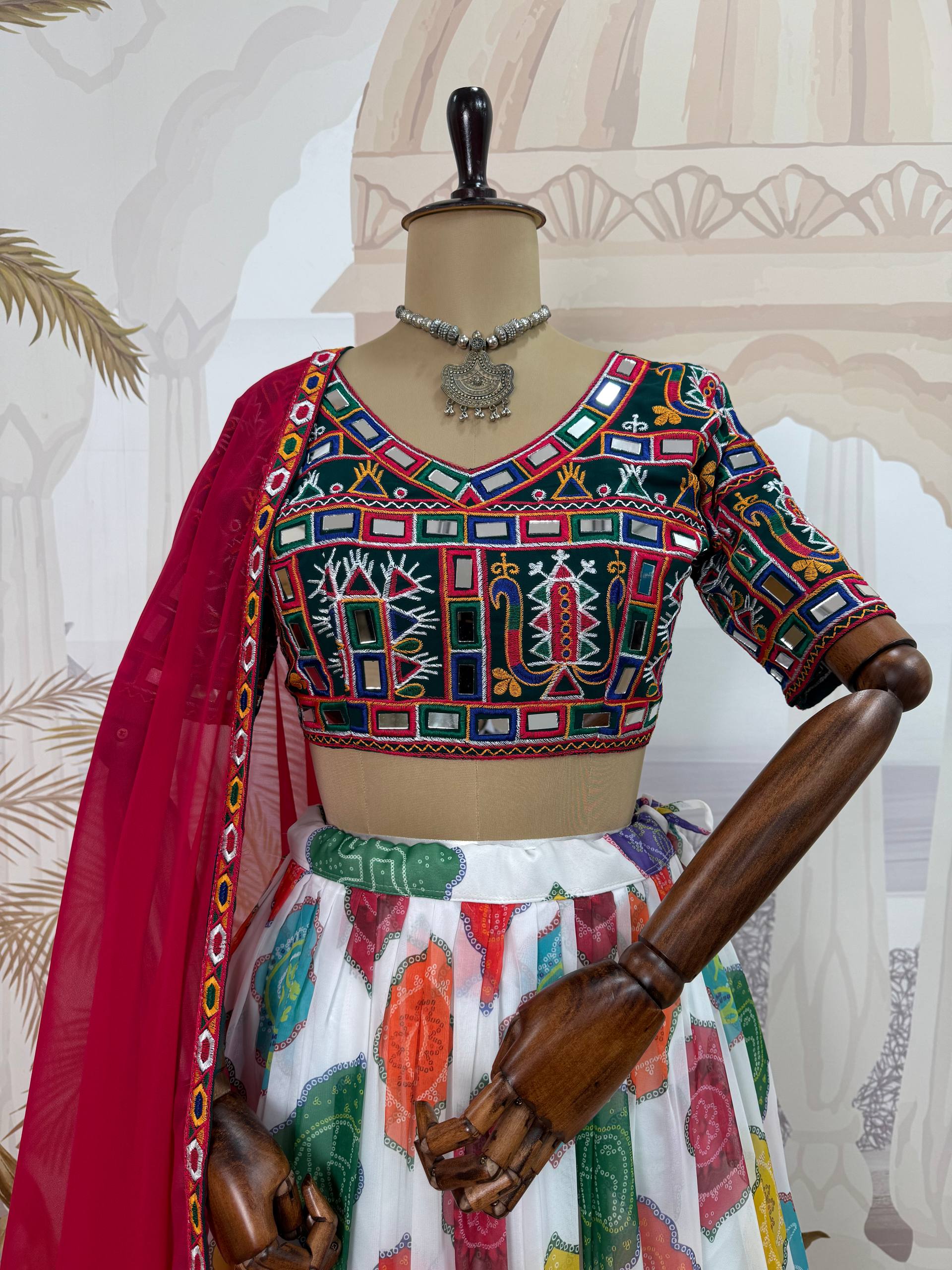 Kairavi Printed Georgette Embroidered Lehenga with Mirror Work Blouse & Dupatta