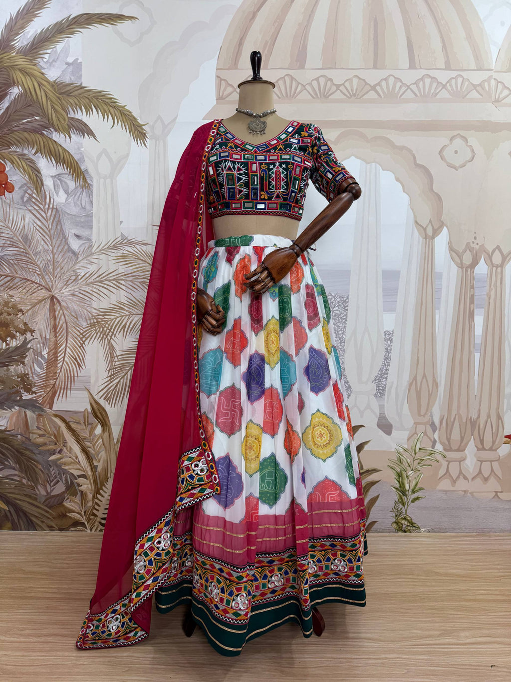 Kairavi Printed Georgette Embroidered Lehenga with Mirror Work Blouse & Dupatta