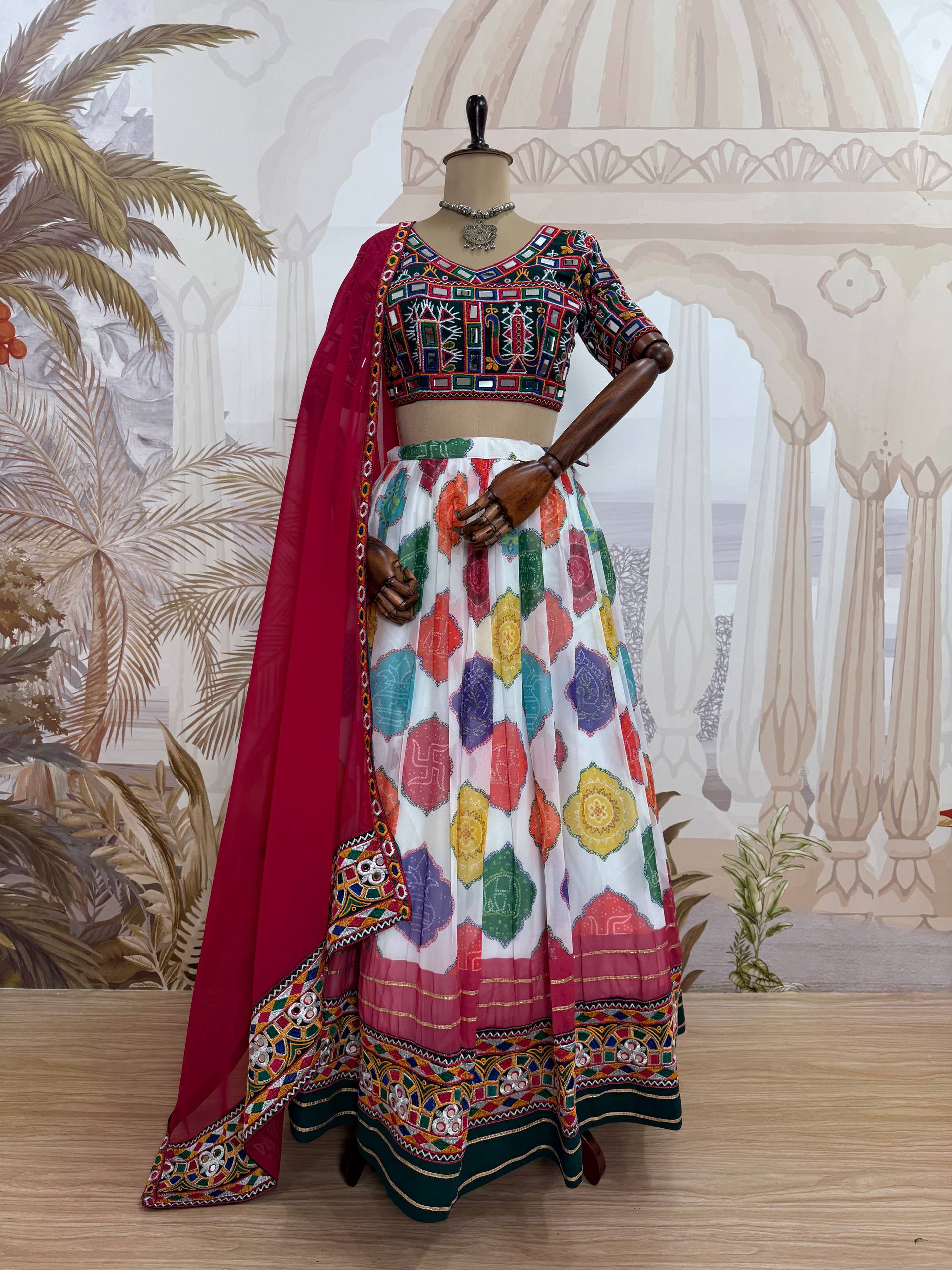 Kairavi Printed Georgette Embroidered Lehenga with Mirror Work Blouse & Dupatta