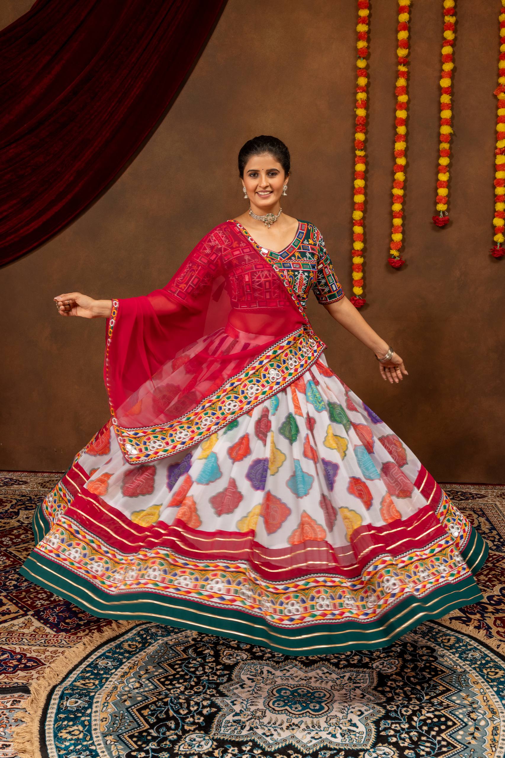 Kairavi Printed Georgette Embroidered Lehenga with Mirror Work Blouse & Dupatta