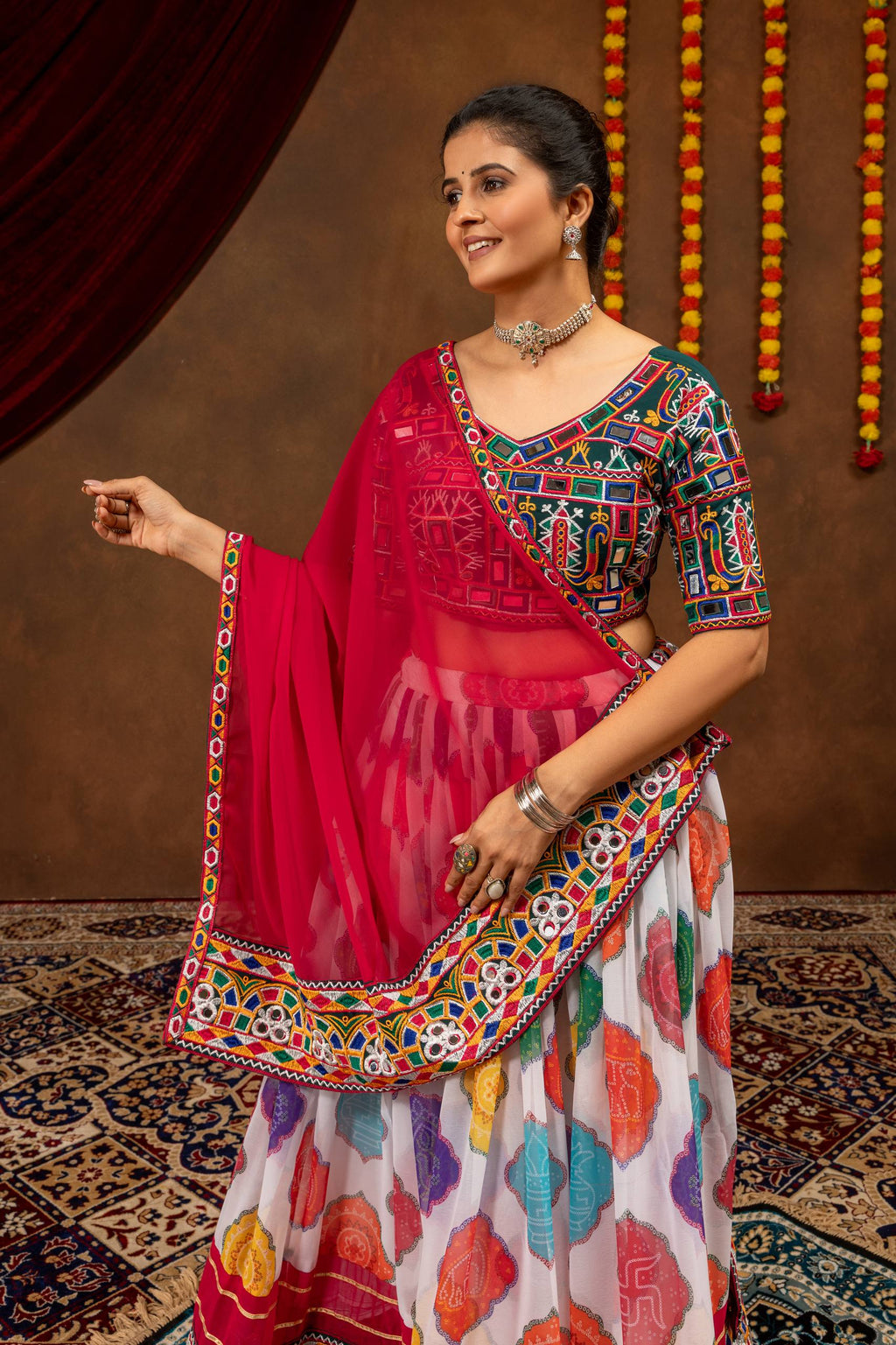 Kairavi Printed Georgette Embroidered Lehenga with Mirror Work Blouse & Dupatta