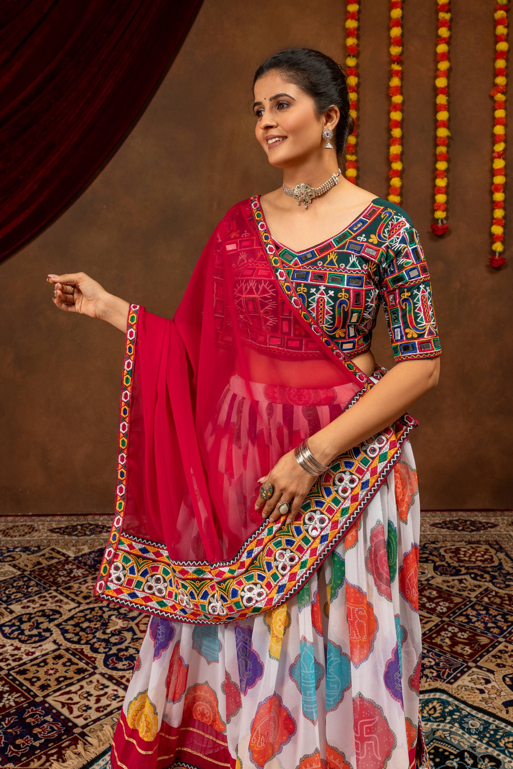 Kairavi Printed Georgette Embroidered Lehenga with Mirror Work Blouse & Dupatta