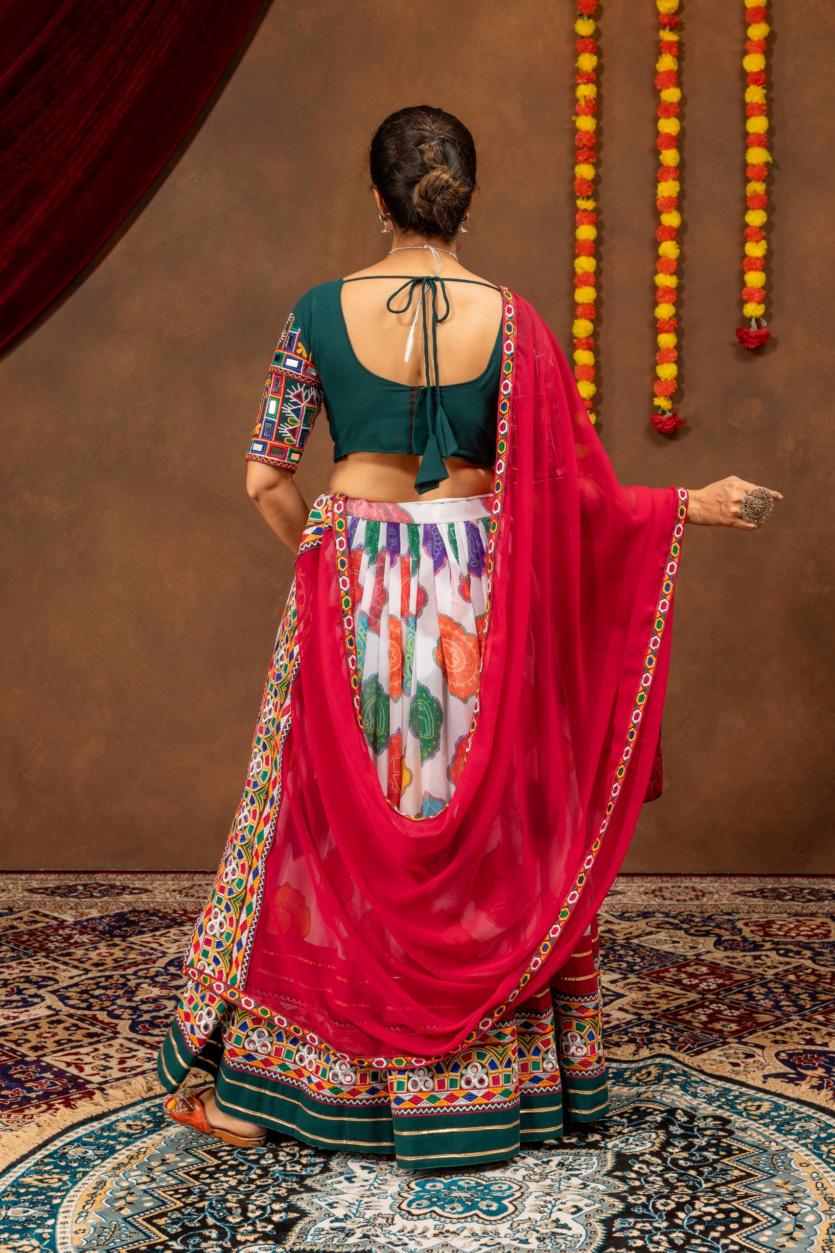 Kairavi Printed Georgette Embroidered Lehenga with Mirror Work Blouse & Dupatta