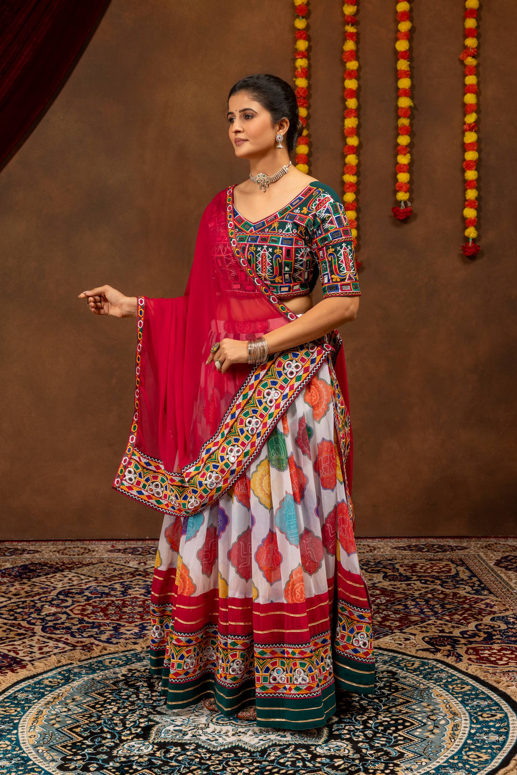 Kairavi Printed Georgette Embroidered Lehenga with Mirror Work Blouse & Dupatta