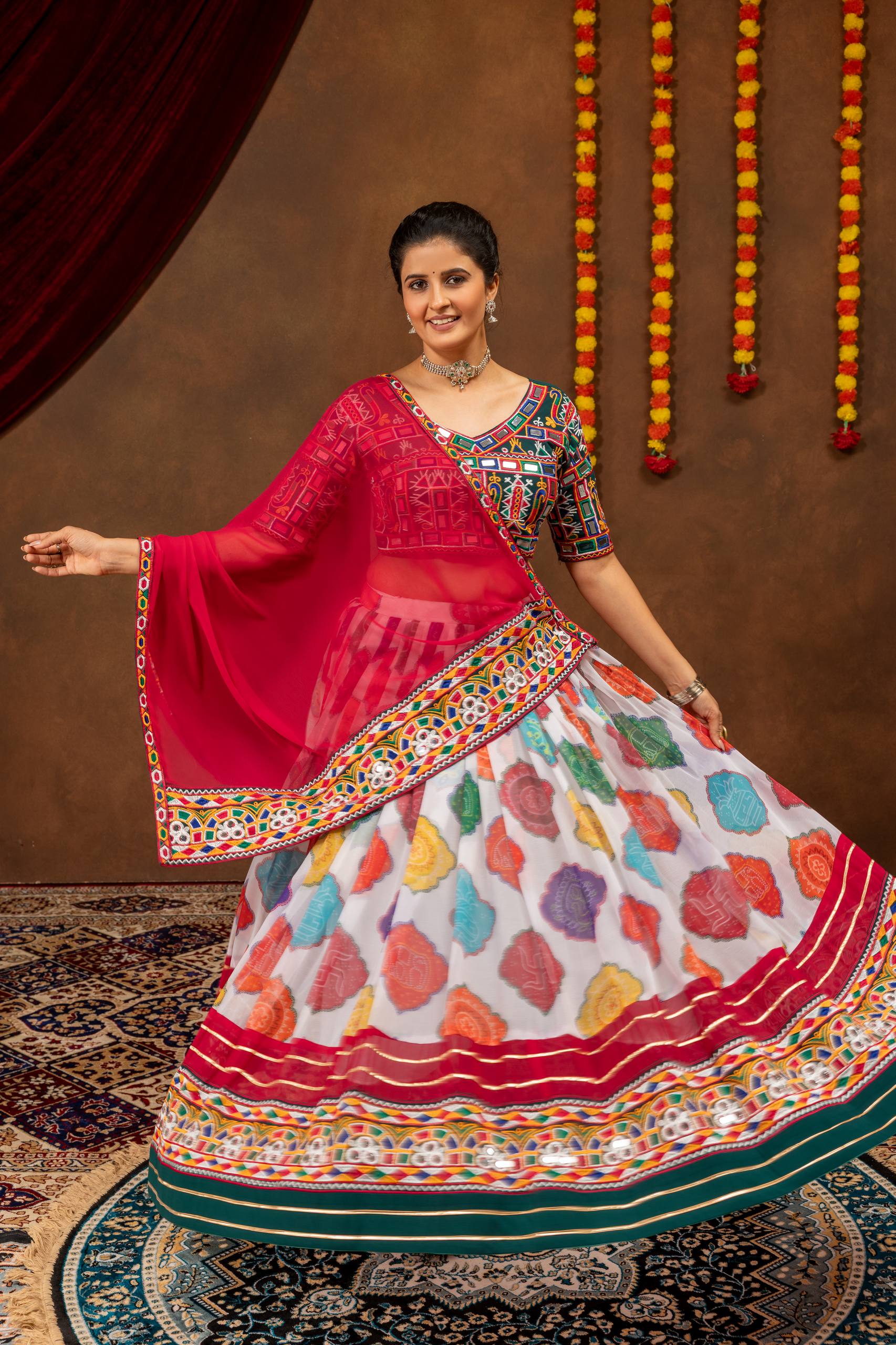Kairavi Printed Georgette Embroidered Lehenga with Mirror Work Blouse & Dupatta