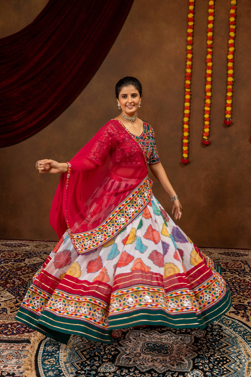 Kairavi Printed Georgette Embroidered Lehenga with Mirror Work Blouse & Dupatta