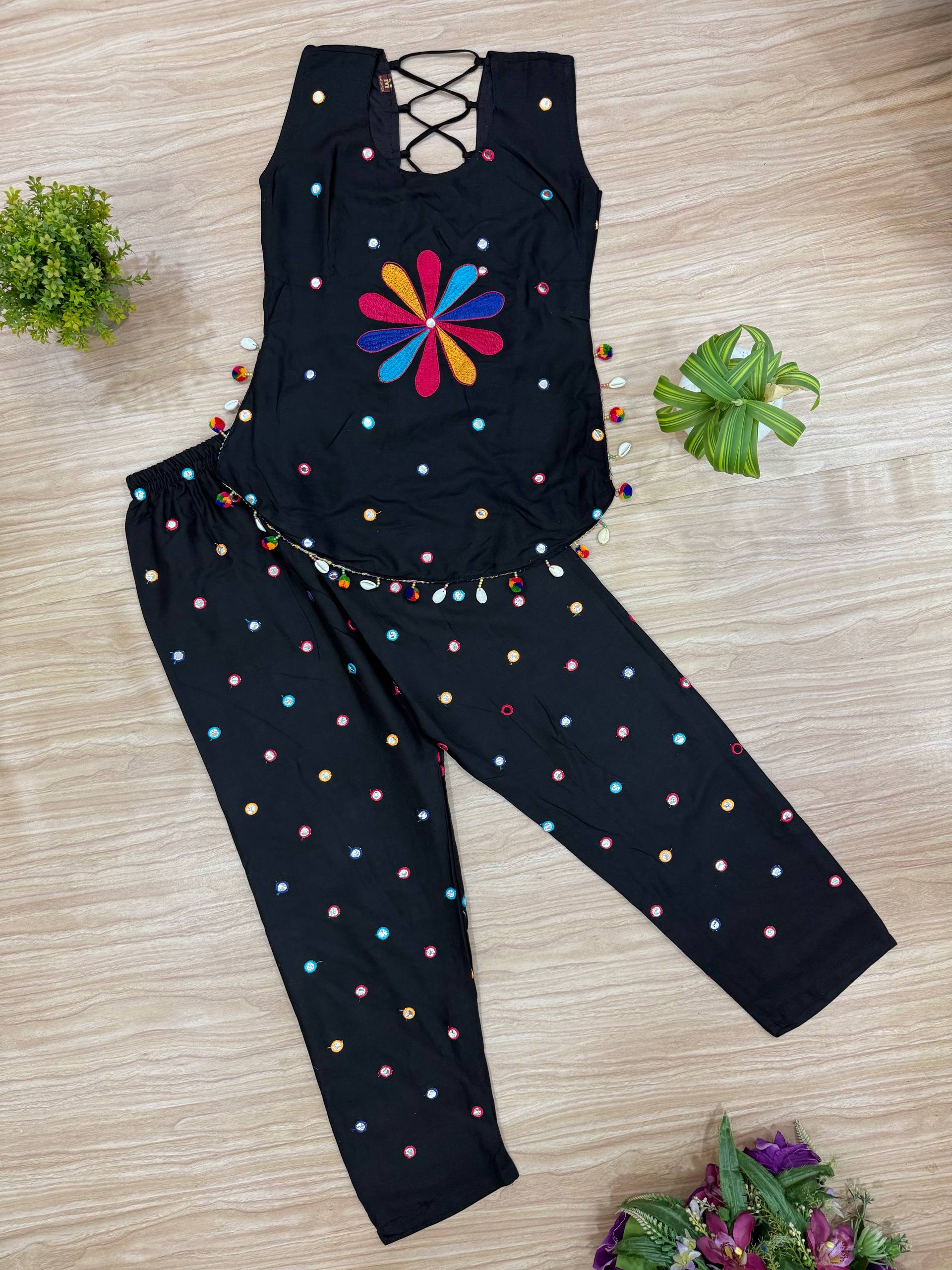 Charvi Pure Rayon Foil MirrorWork & Embroidered Kurti Pant Set