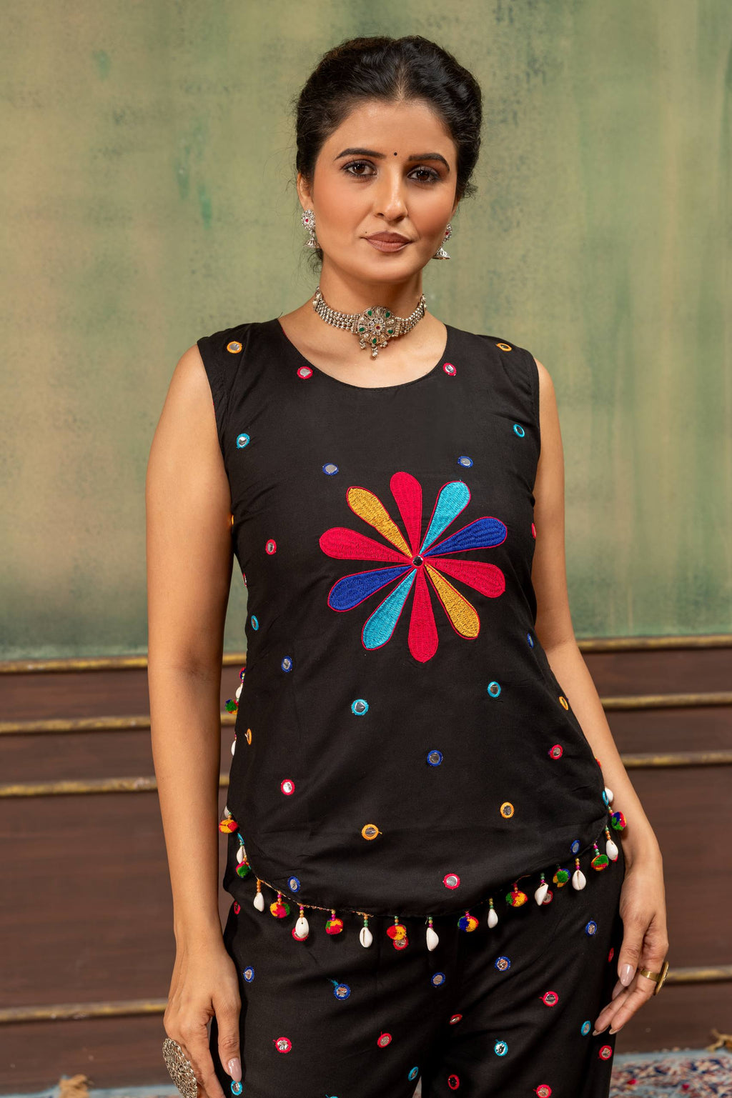 Charvi Pure Rayon Foil MirrorWork & Embroidered Kurti Pant Set