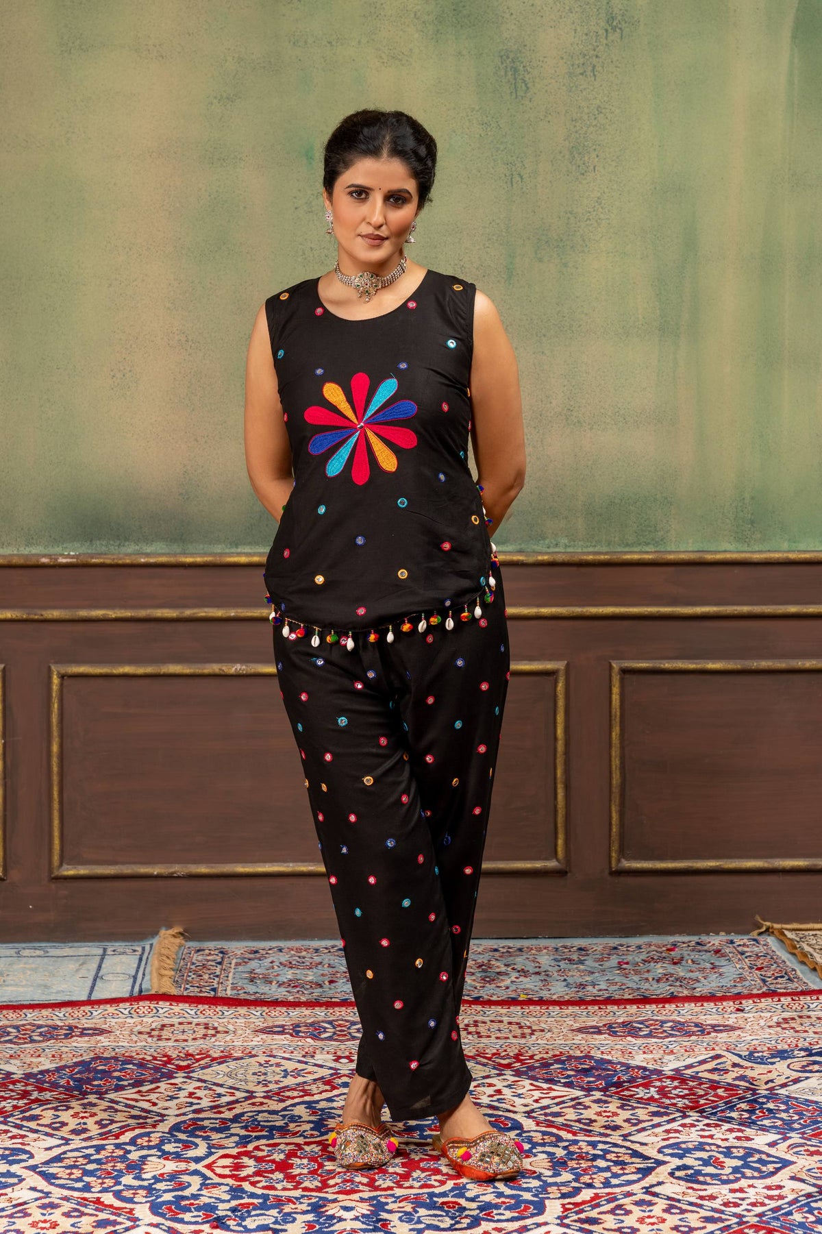 Charvi Pure Rayon Foil MirrorWork & Embroidered Kurti Pant Set