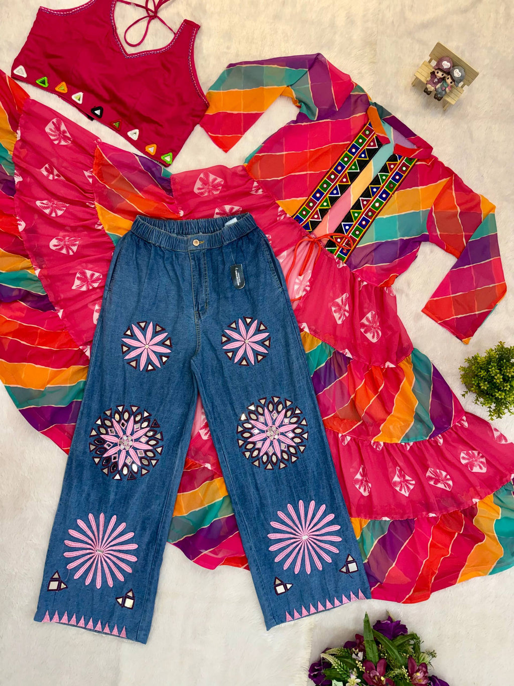 Ilaara Georgette Embroidery & Mirror Work Shrug Set with Rayon Blouse & Denim Jeans