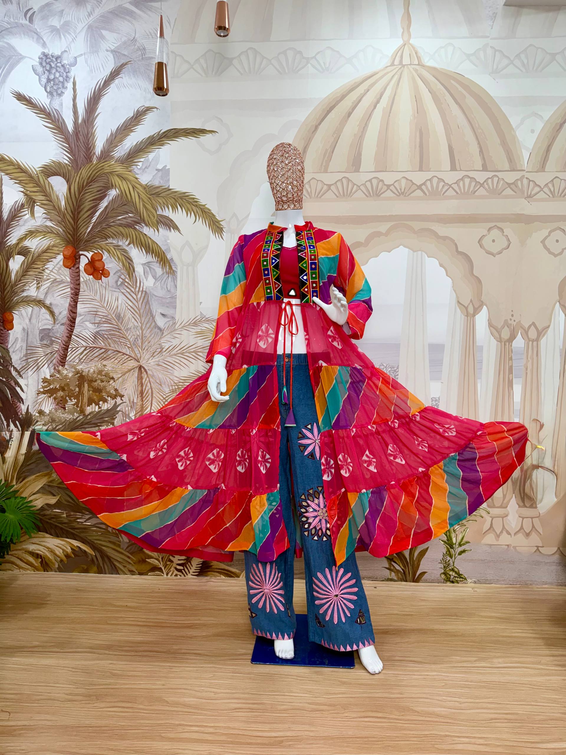 Ilaara Georgette Embroidery & Mirror Work Shrug Set with Rayon Blouse & Denim Jeans