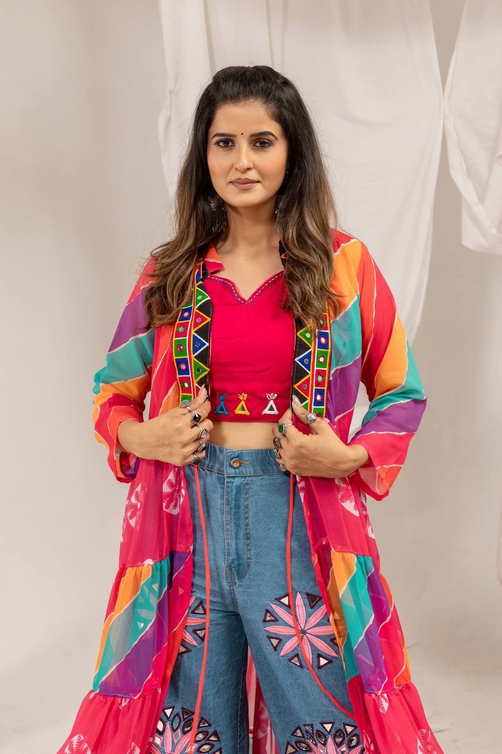 Ilaara Georgette Embroidery & Mirror Work Shrug Set with Rayon Blouse & Denim Jeans