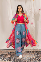 Ilaara Georgette Embroidery & Mirror Work Shrug Set with Rayon Blouse & Denim Jeans