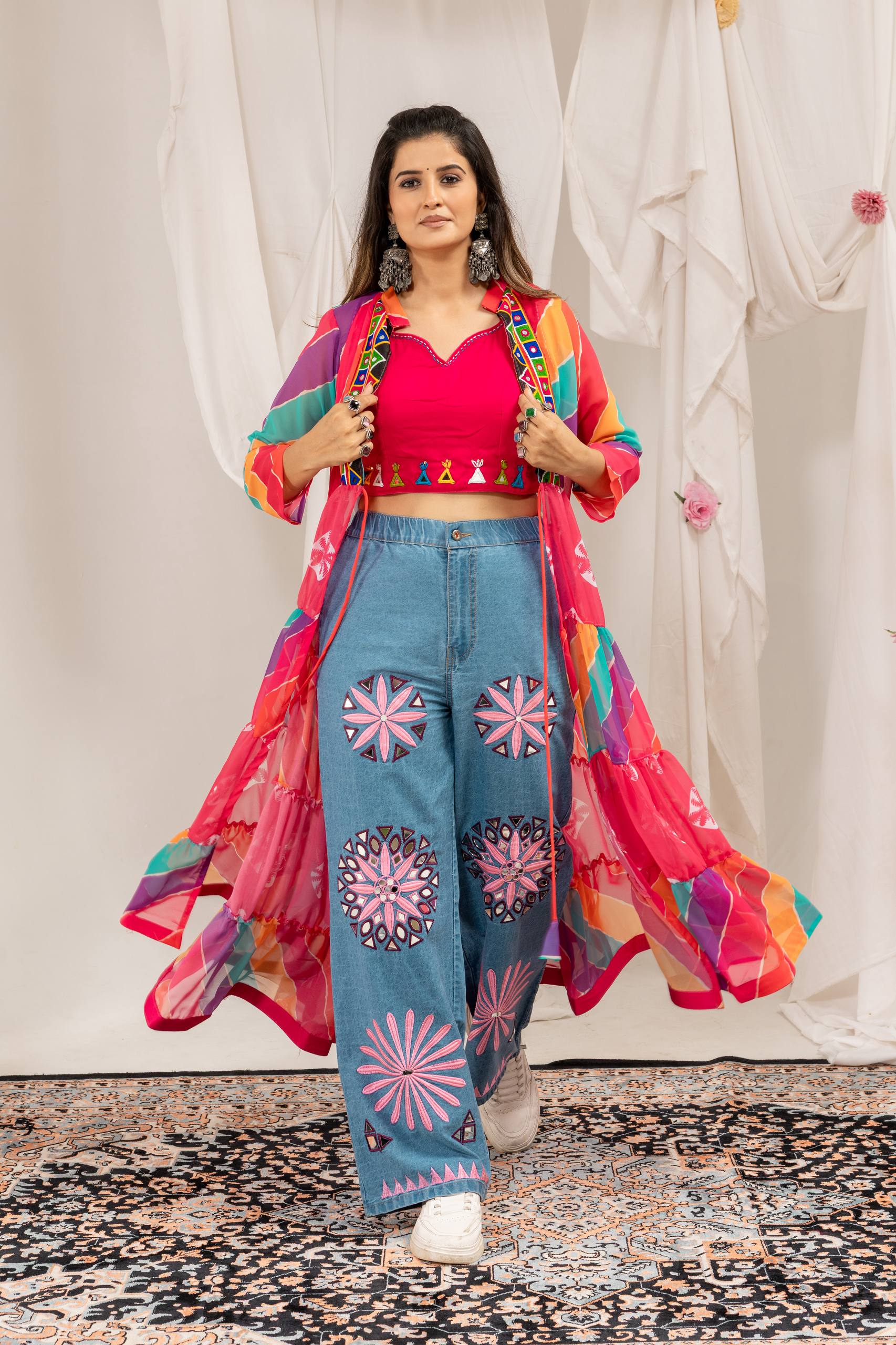 Ilaara Georgette Embroidery & Mirror Work Shrug Set with Rayon Blouse & Denim Jeans