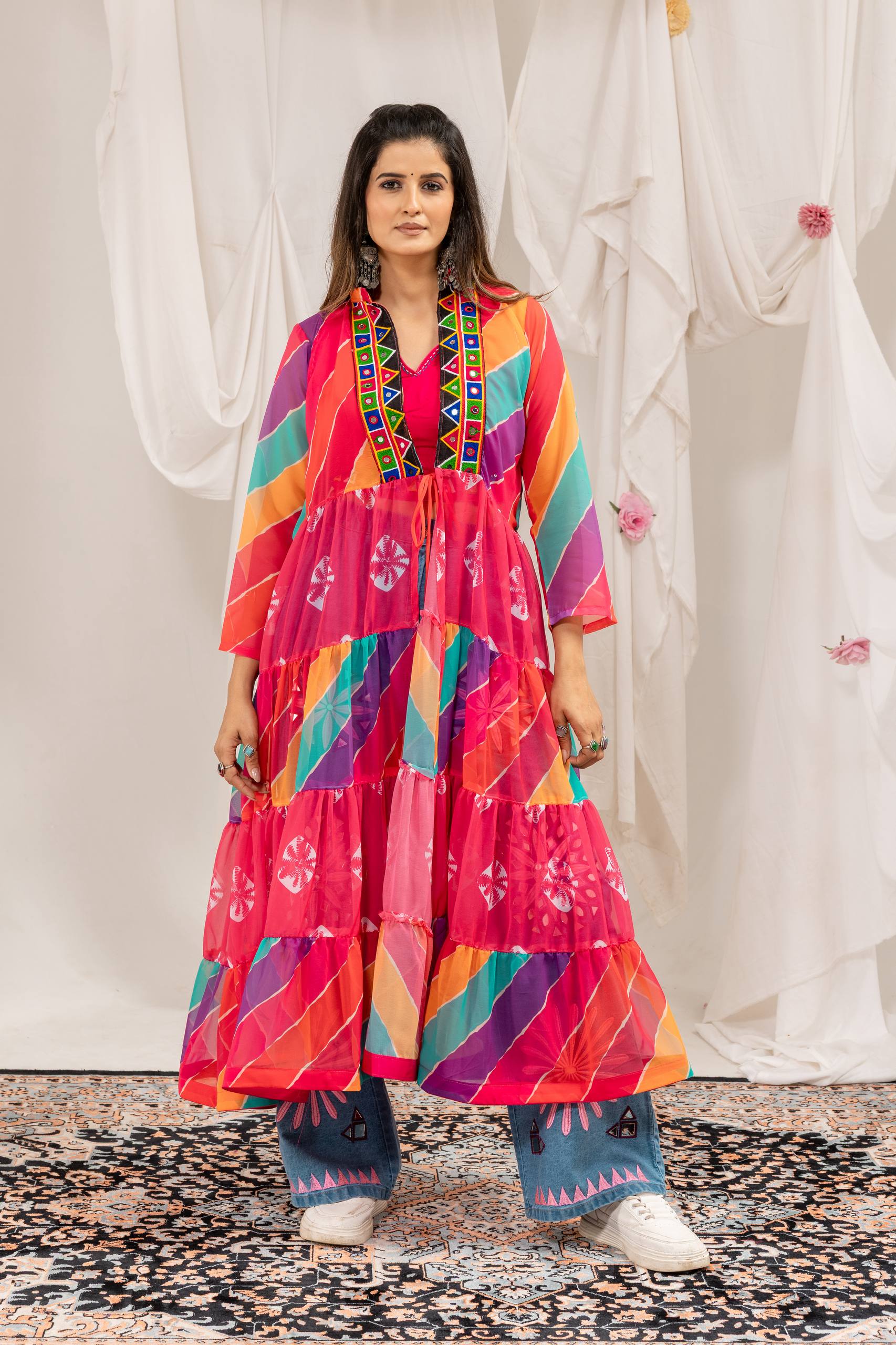 Ilaara Georgette Embroidery & Mirror Work Shrug Set with Rayon Blouse & Denim Jeans