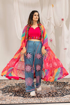 Ilaara Georgette Embroidery & Mirror Work Shrug Set with Rayon Blouse & Denim Jeans
