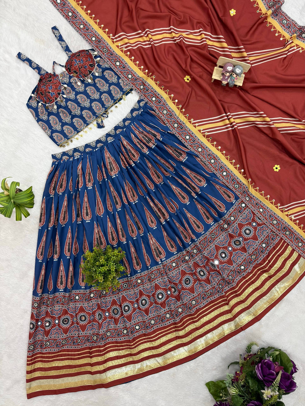 Mridulika Natural Crepe Ajrakh Print & Mirror Work Lehenga with Blouse & Dupatta