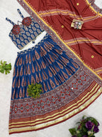 Mridulika Natural Crepe Ajrakh Print & Mirror Work Lehenga with Blouse & Dupatta