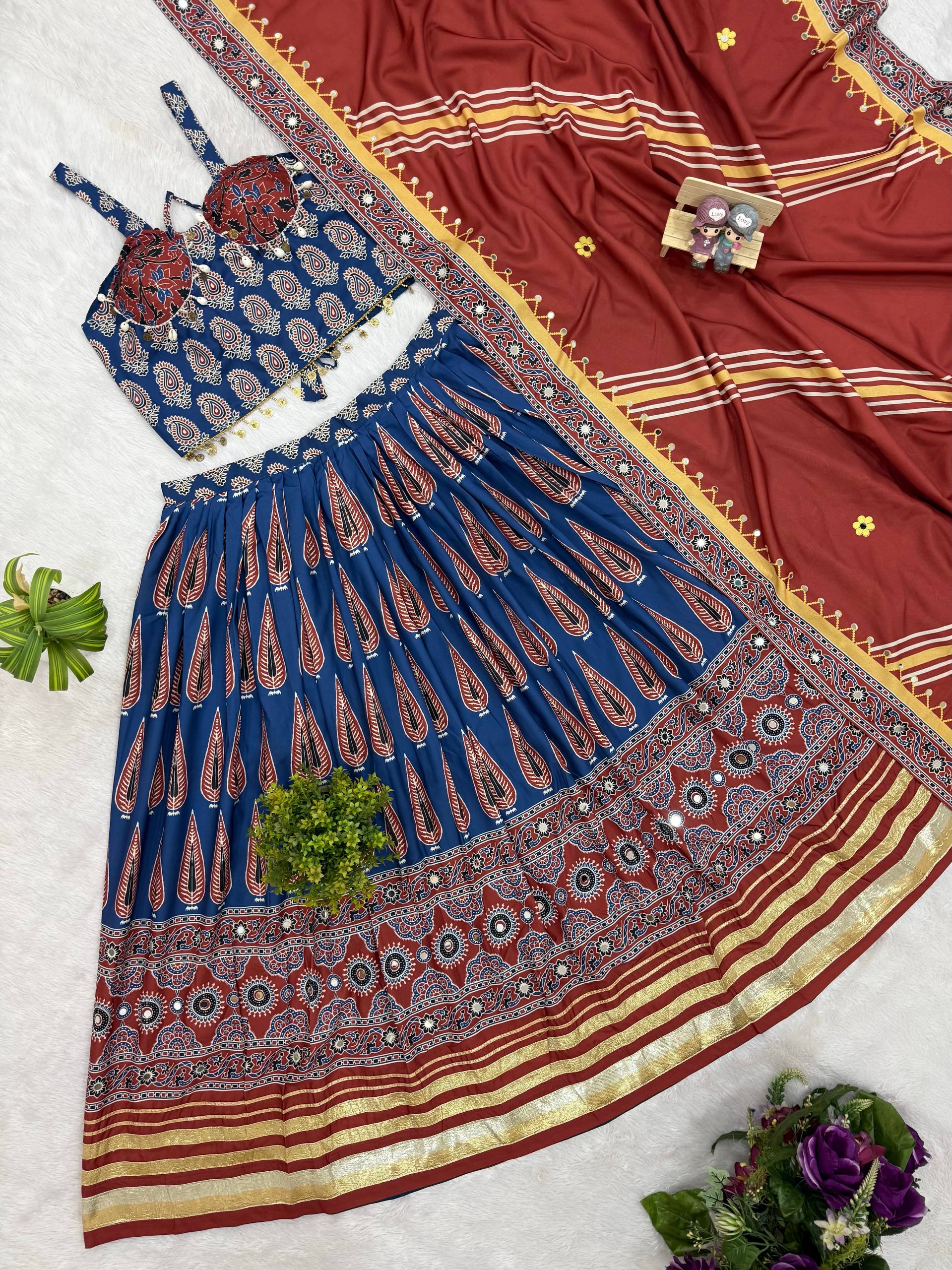 Mridulika Natural Crepe Ajrakh Print & Mirror Work Lehenga with Blouse & Dupatta