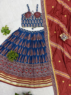 Mridulika Natural Crepe Ajrakh Print & Mirror Work Lehenga with Blouse & Dupatta