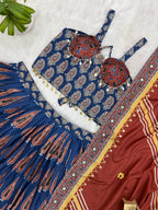 Mridulika Natural Crepe Ajrakh Print & Mirror Work Lehenga with Blouse & Dupatta