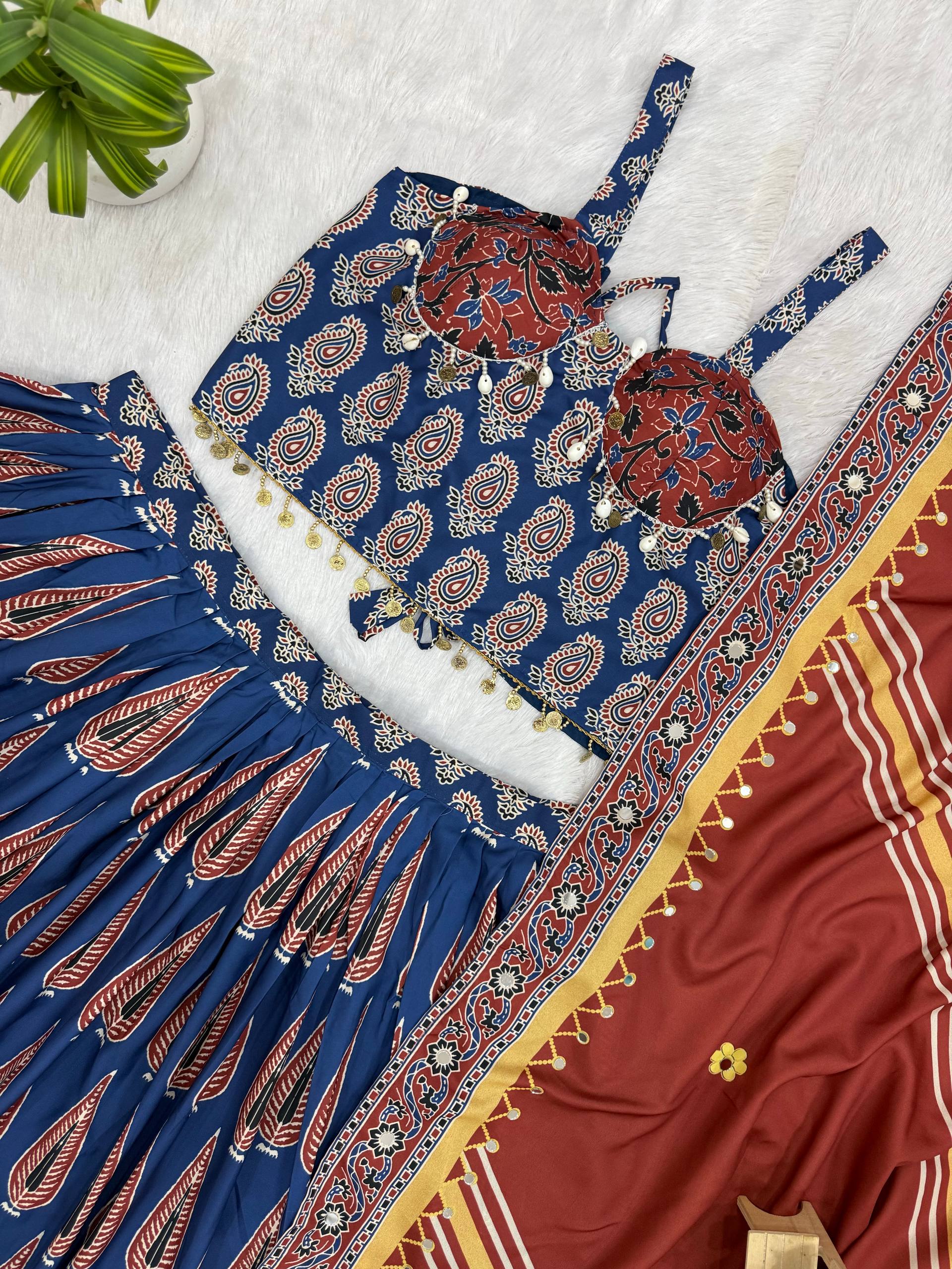 Mridulika Natural Crepe Ajrakh Print & Mirror Work Lehenga with Blouse & Dupatta