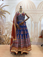 Mridulika Natural Crepe Ajrakh Print & Mirror Work Lehenga with Blouse & Dupatta