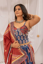 Mridulika Natural Crepe Ajrakh Print & Mirror Work Lehenga with Blouse & Dupatta