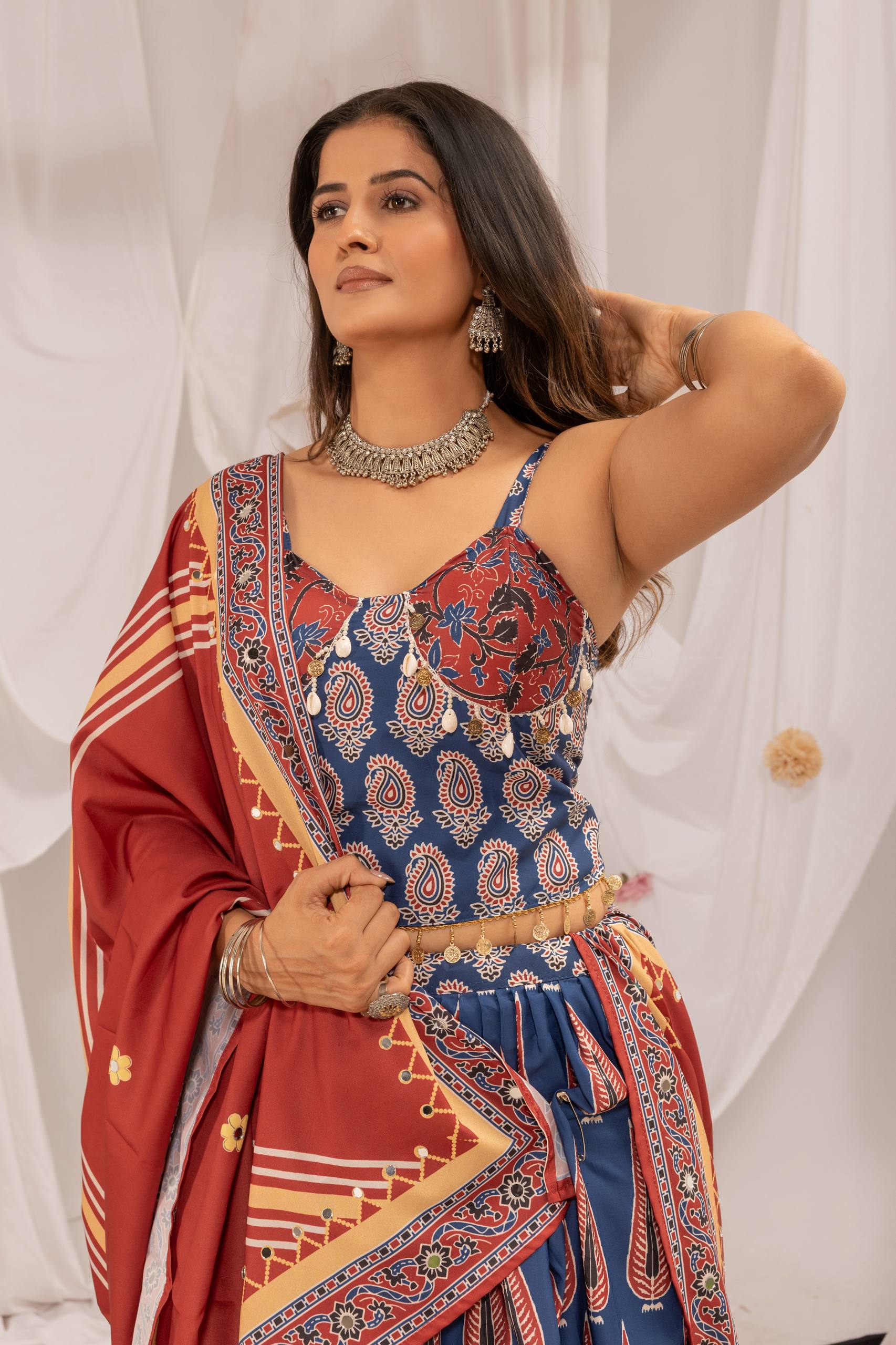 Mridulika Natural Crepe Ajrakh Print & Mirror Work Lehenga with Blouse & Dupatta
