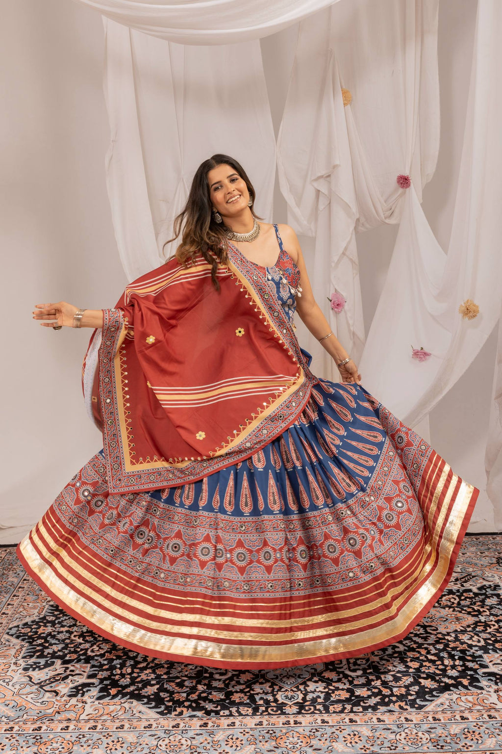 Mridulika Natural Crepe Ajrakh Print & Mirror Work Lehenga with Blouse & Dupatta