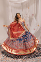 Mridulika Natural Crepe Ajrakh Print & Mirror Work Lehenga with Blouse & Dupatta