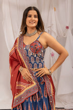 Mridulika Natural Crepe Ajrakh Print & Mirror Work Lehenga with Blouse & Dupatta