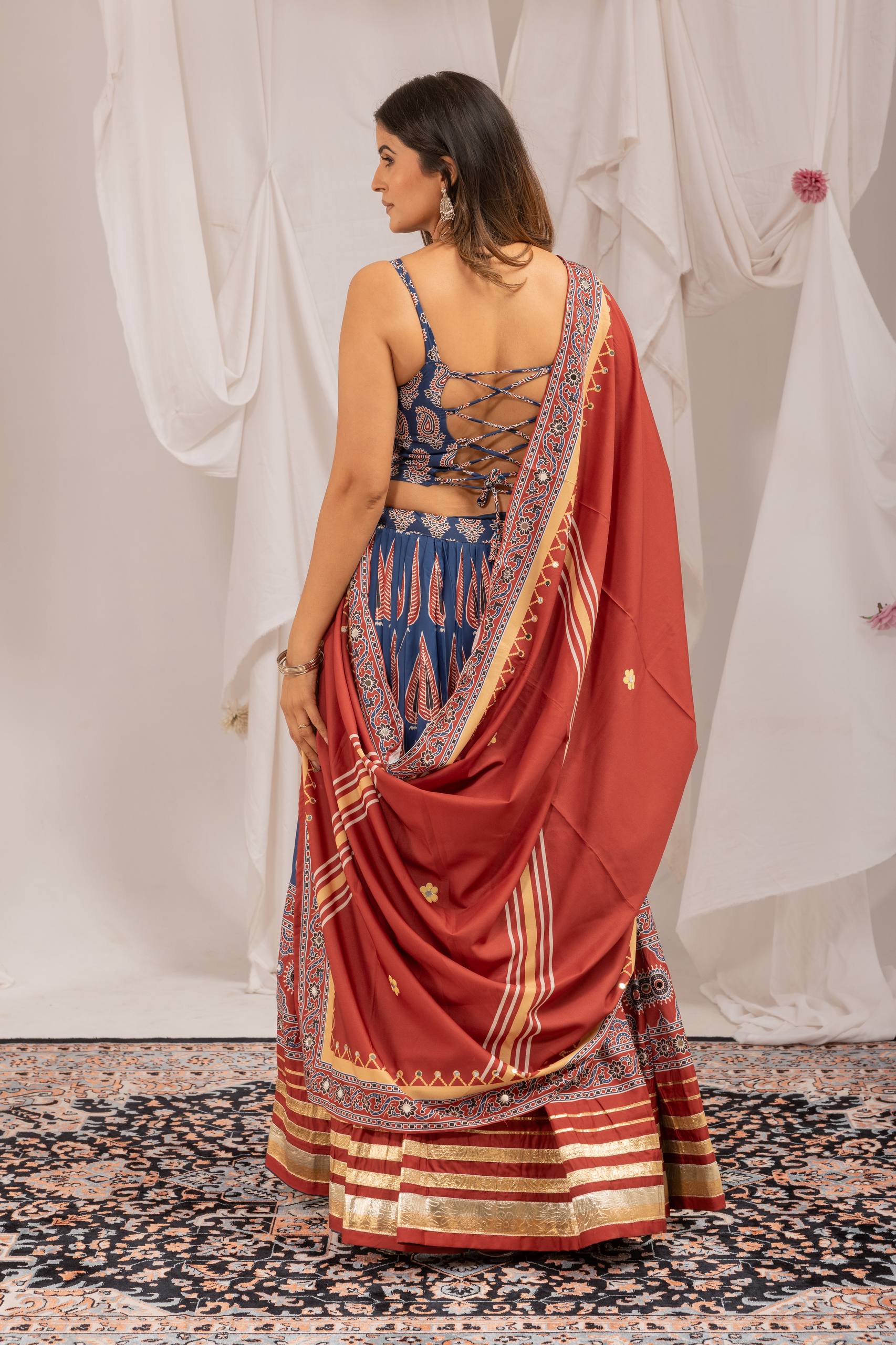 Mridulika Natural Crepe Ajrakh Print & Mirror Work Lehenga with Blouse & Dupatta