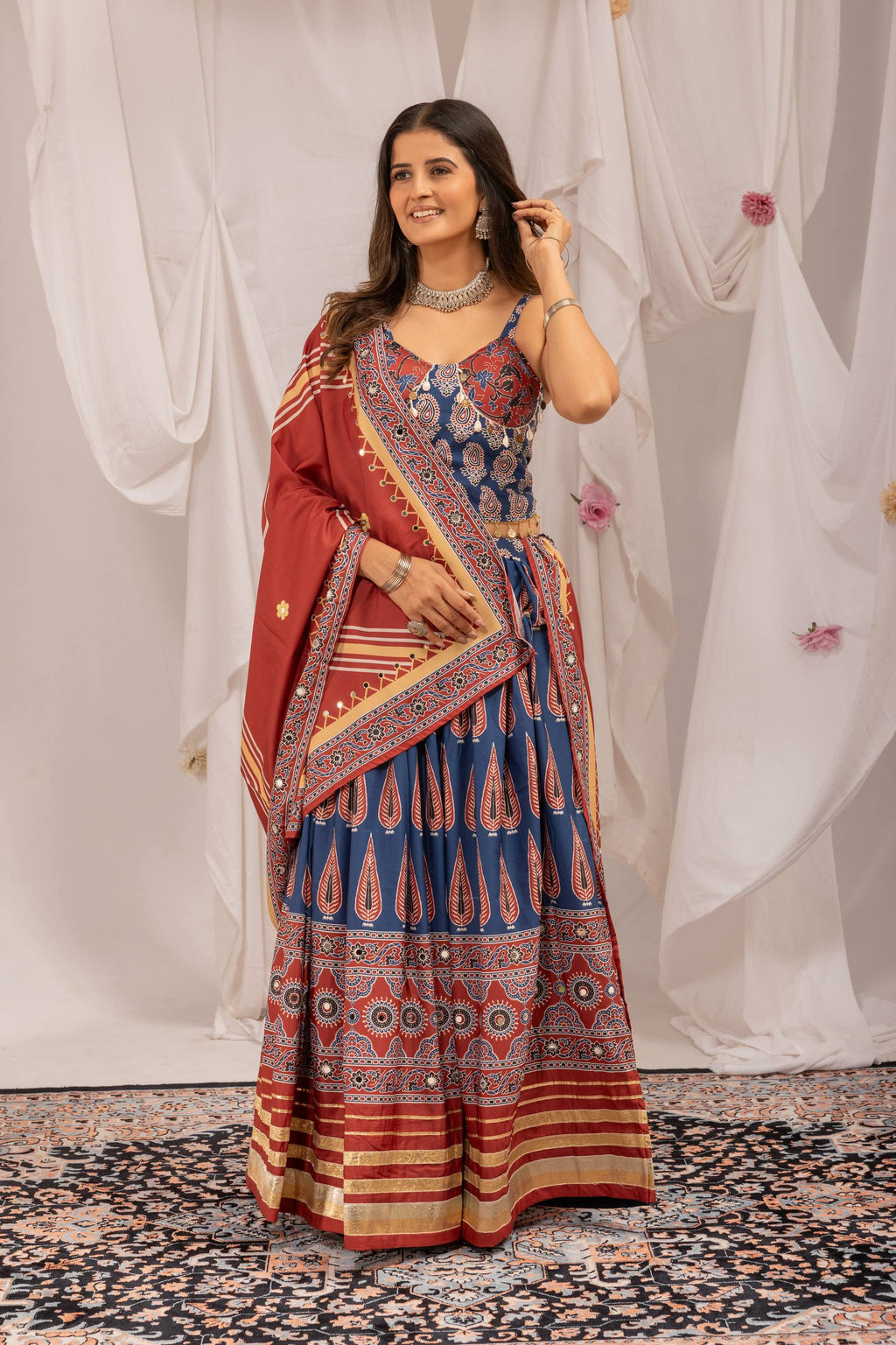 Mridulika Natural Crepe Ajrakh Print & Mirror Work Lehenga with Blouse & Dupatta