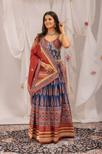 Mridulika Natural Crepe Ajrakh Print & Mirror Work Lehenga with Blouse & Dupatta