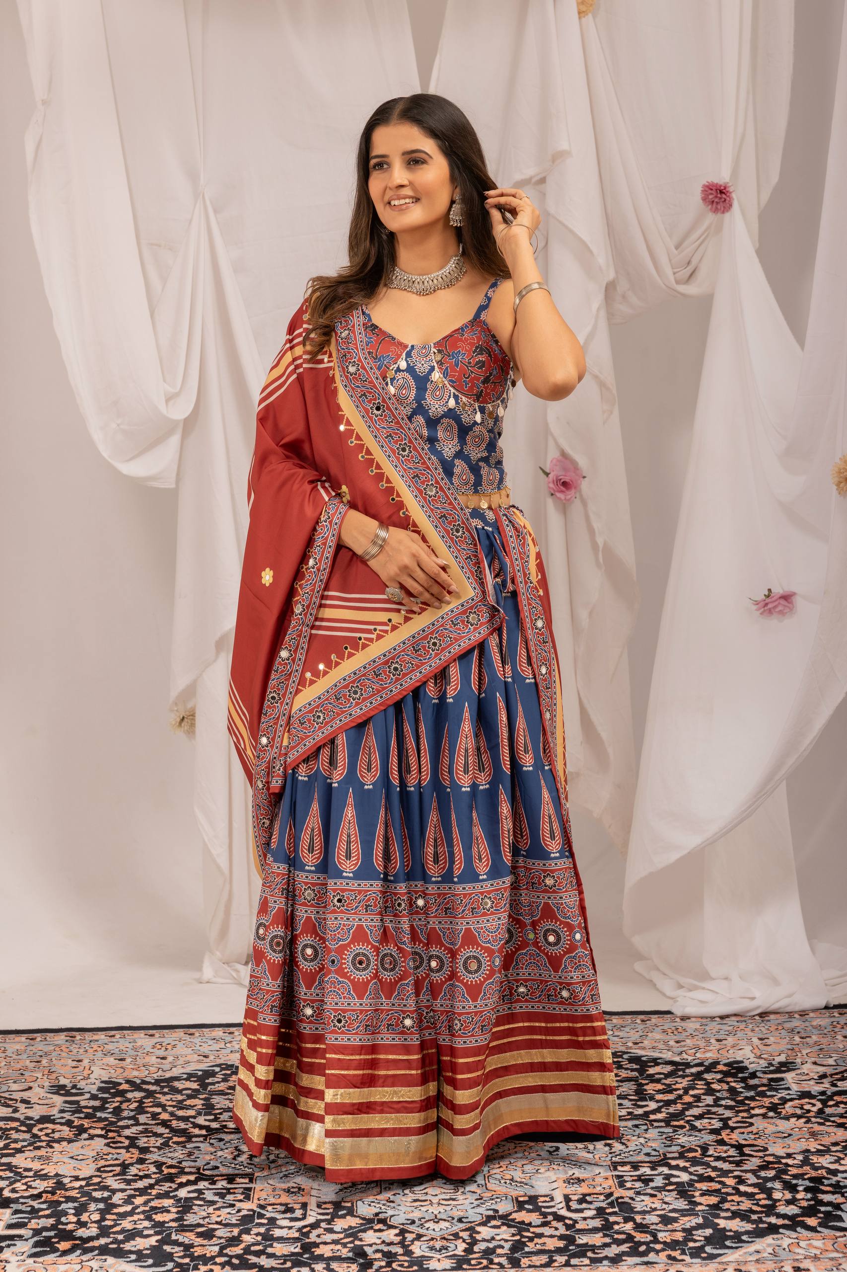Mridulika Natural Crepe Ajrakh Print & Mirror Work Lehenga with Blouse & Dupatta