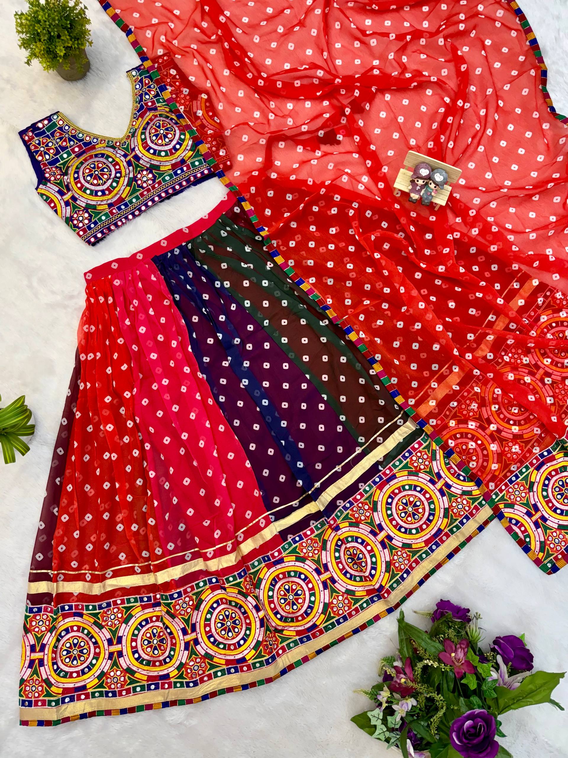 Rishika Printed Georgette Embroidery Work Lehenga with Banglory Silk Blouse & Dupatta