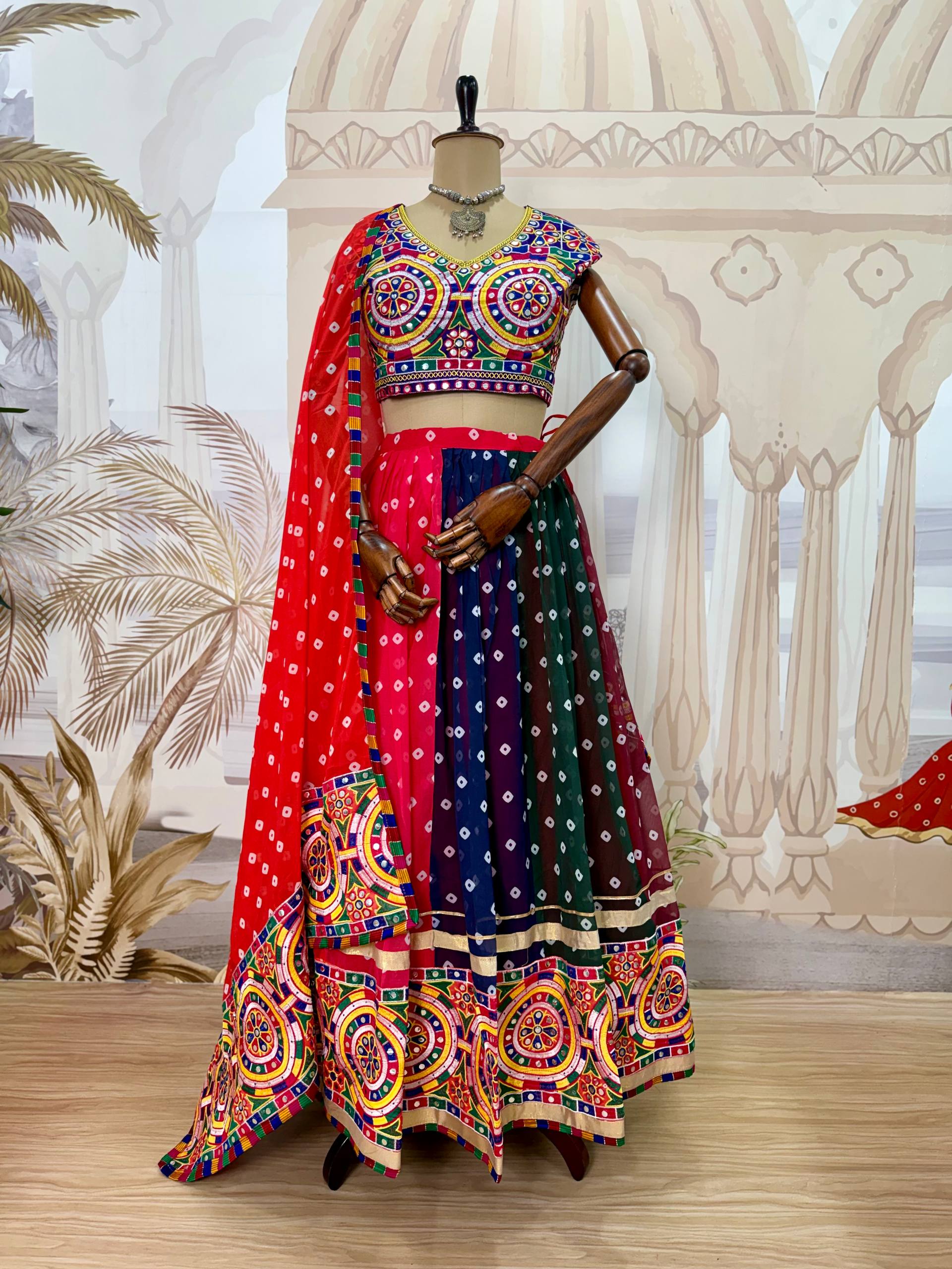Rishika Printed Georgette Embroidery Work Lehenga with Banglory Silk Blouse & Dupatta