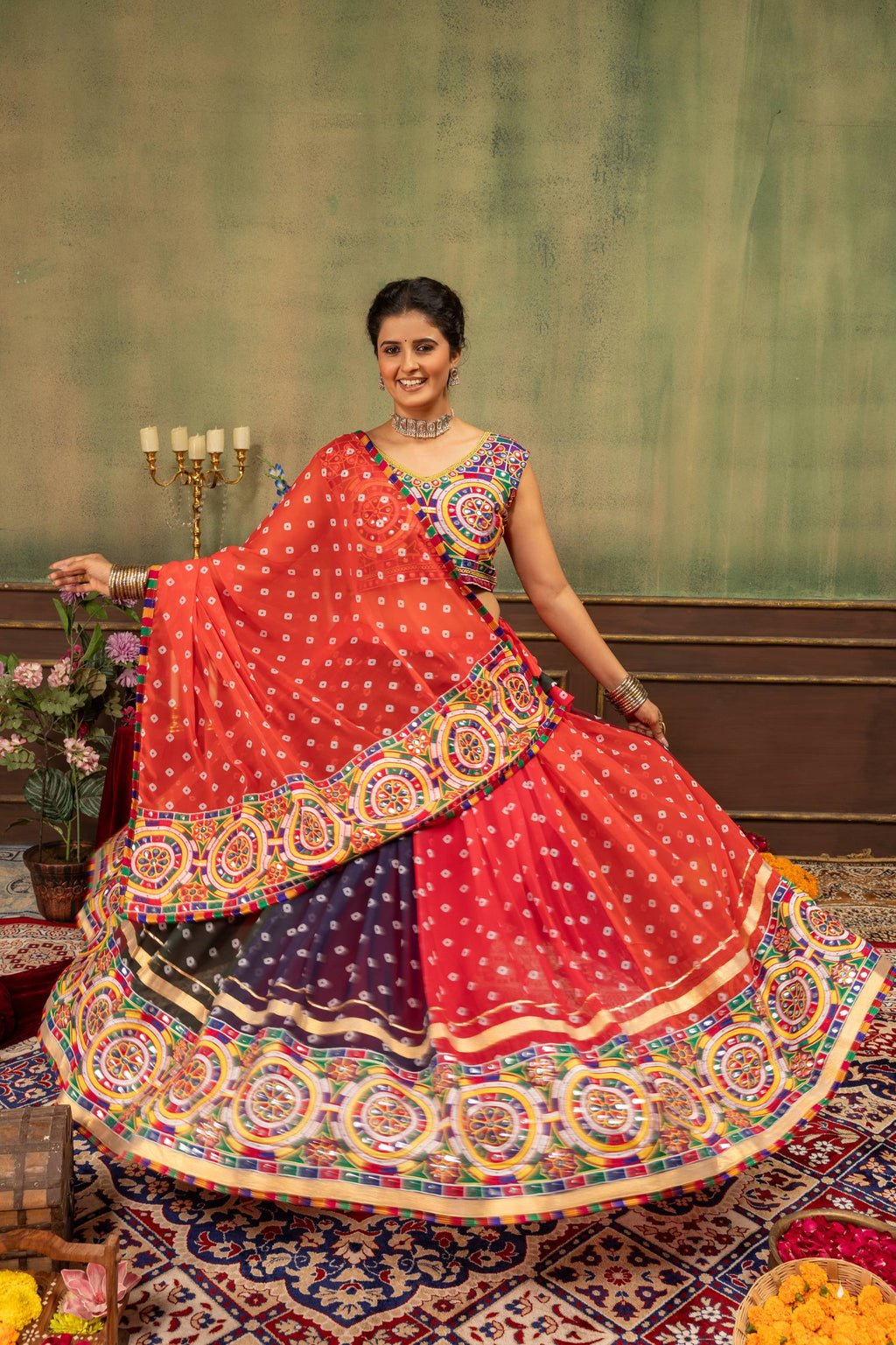 Rishika Printed Georgette Embroidery Work Lehenga with Banglory Silk Blouse & Dupatta